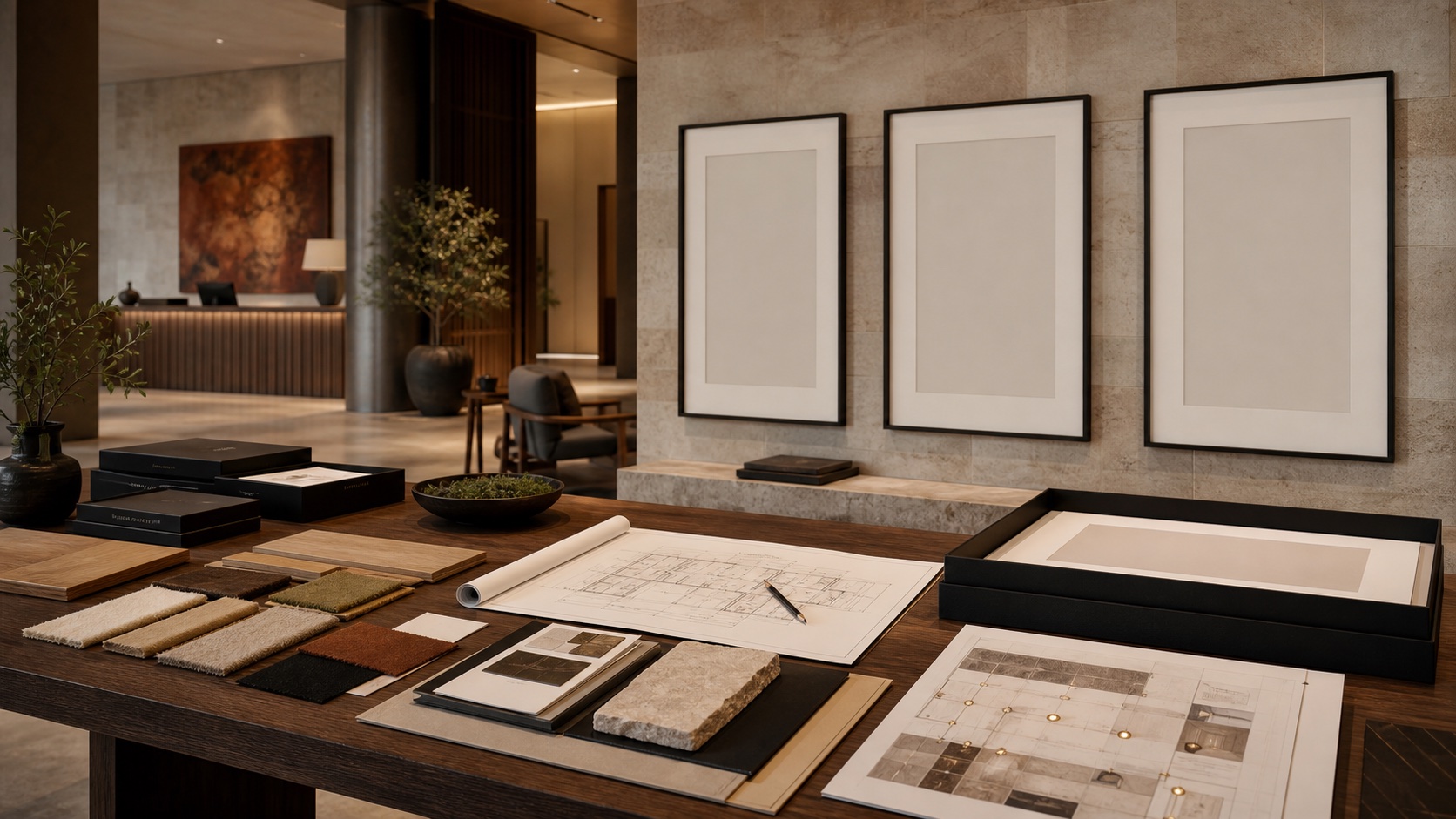 Tolowa Gallery trade collection planning with blank framed artwork and material samples